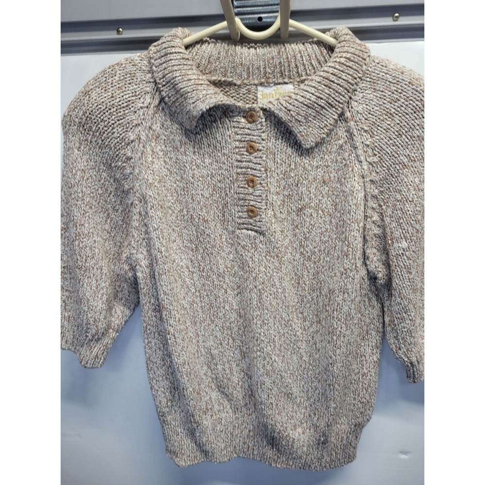 Jantzen Vintage Silk Blend Hand Loomed Knit Polo Sweater Tan Cream‎ Large